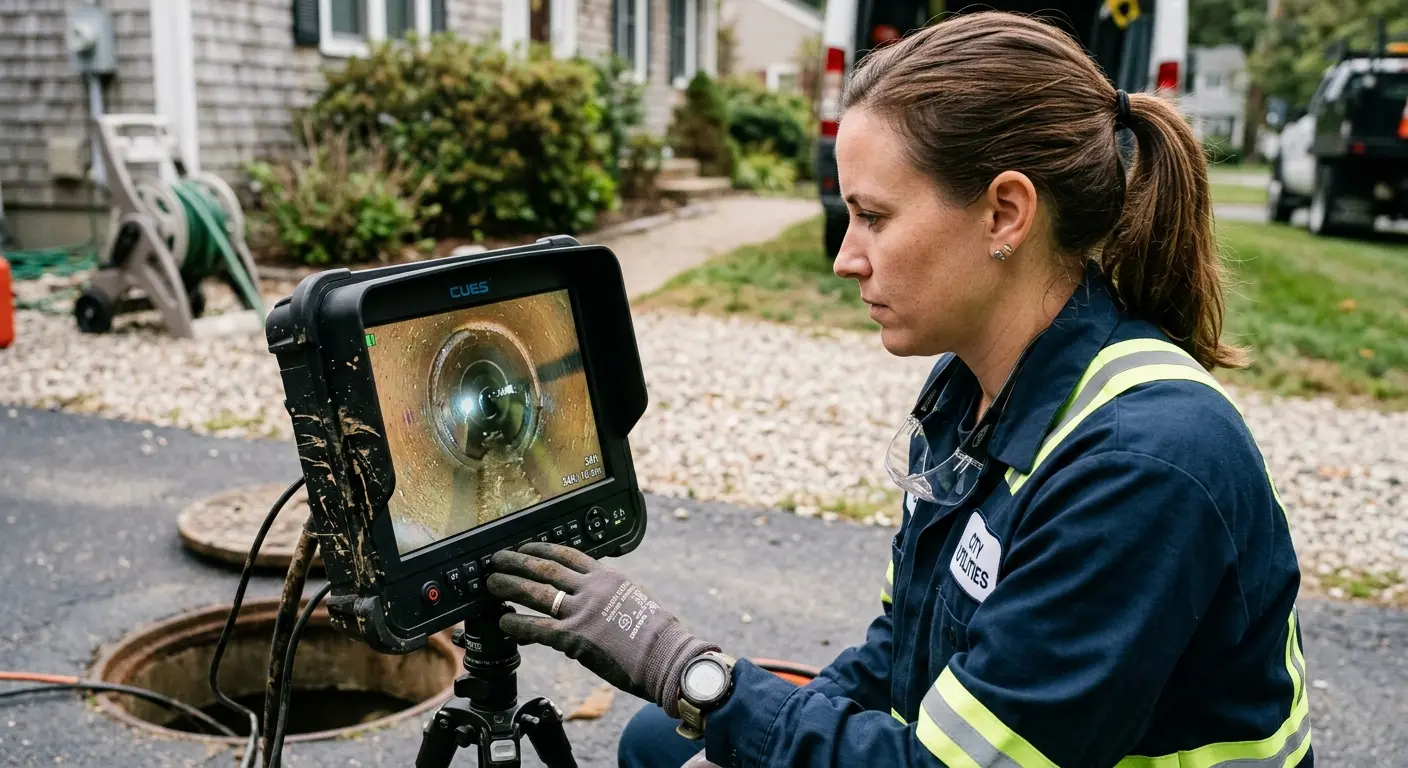 Technician reviewing sewer camera inspection footage in Greenville