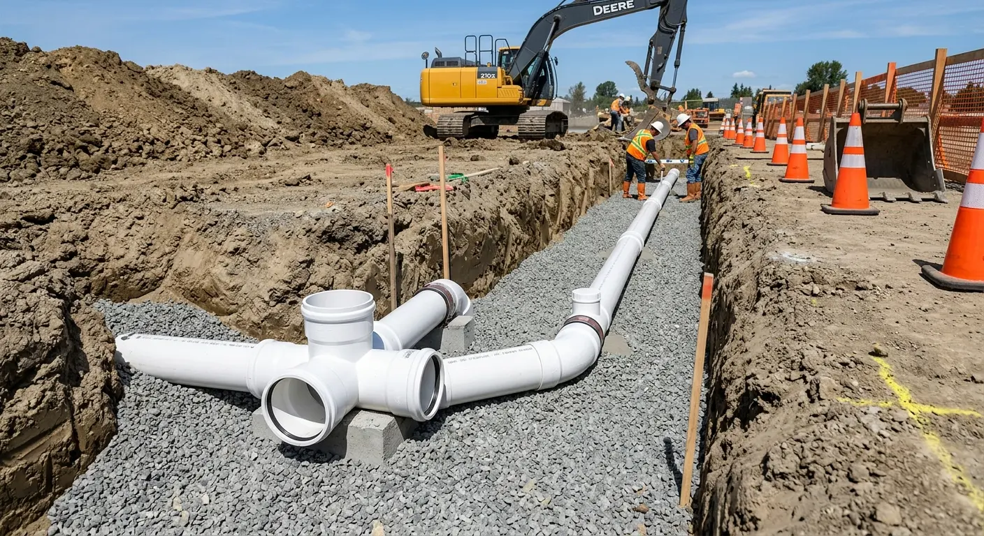 New PVC sewer pipe installation in open trench for Commercial Drain Cleaning in Greenville